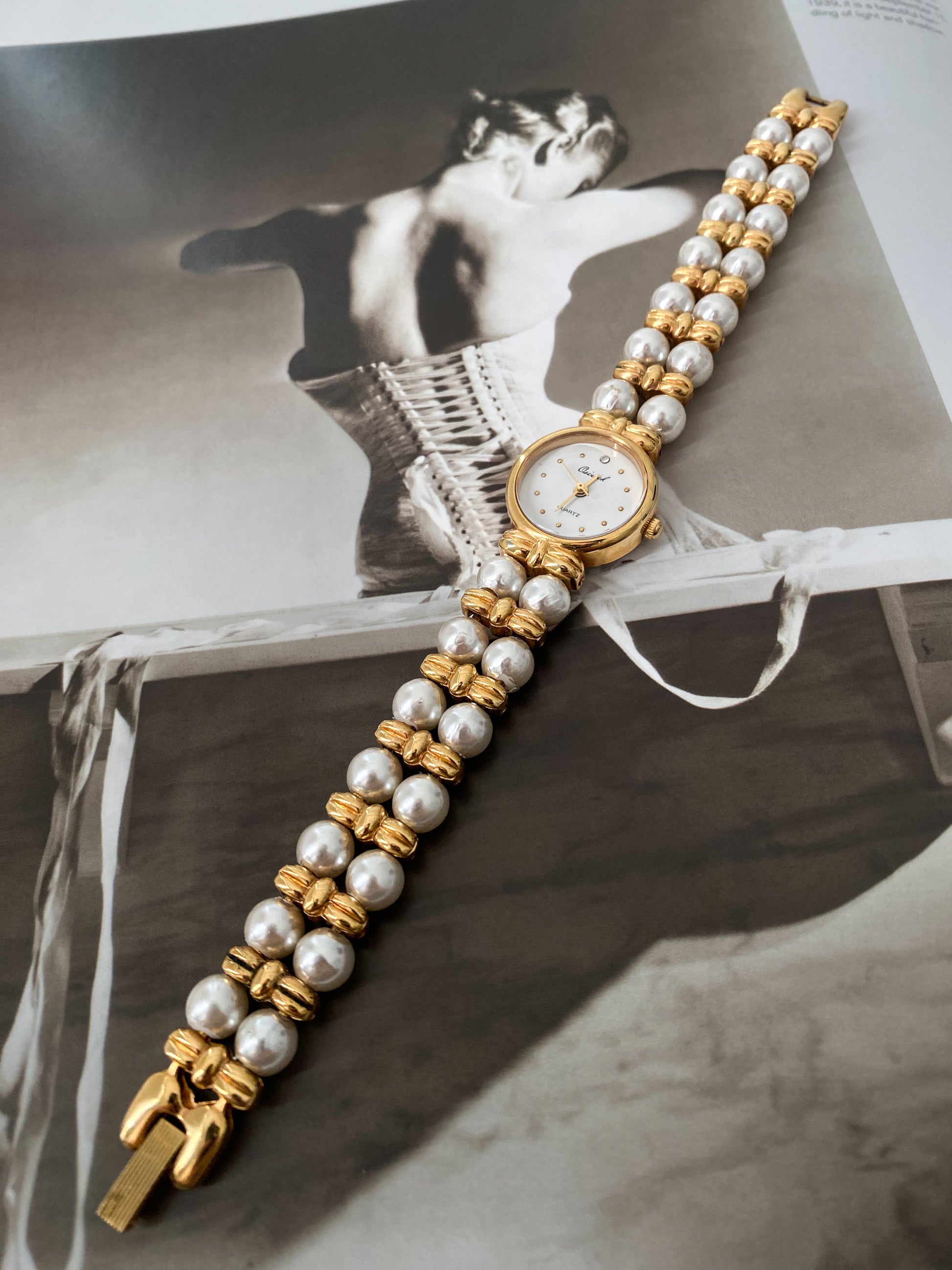 Timeless Gold Tone Osirock Faux Pearls Vintage Watch