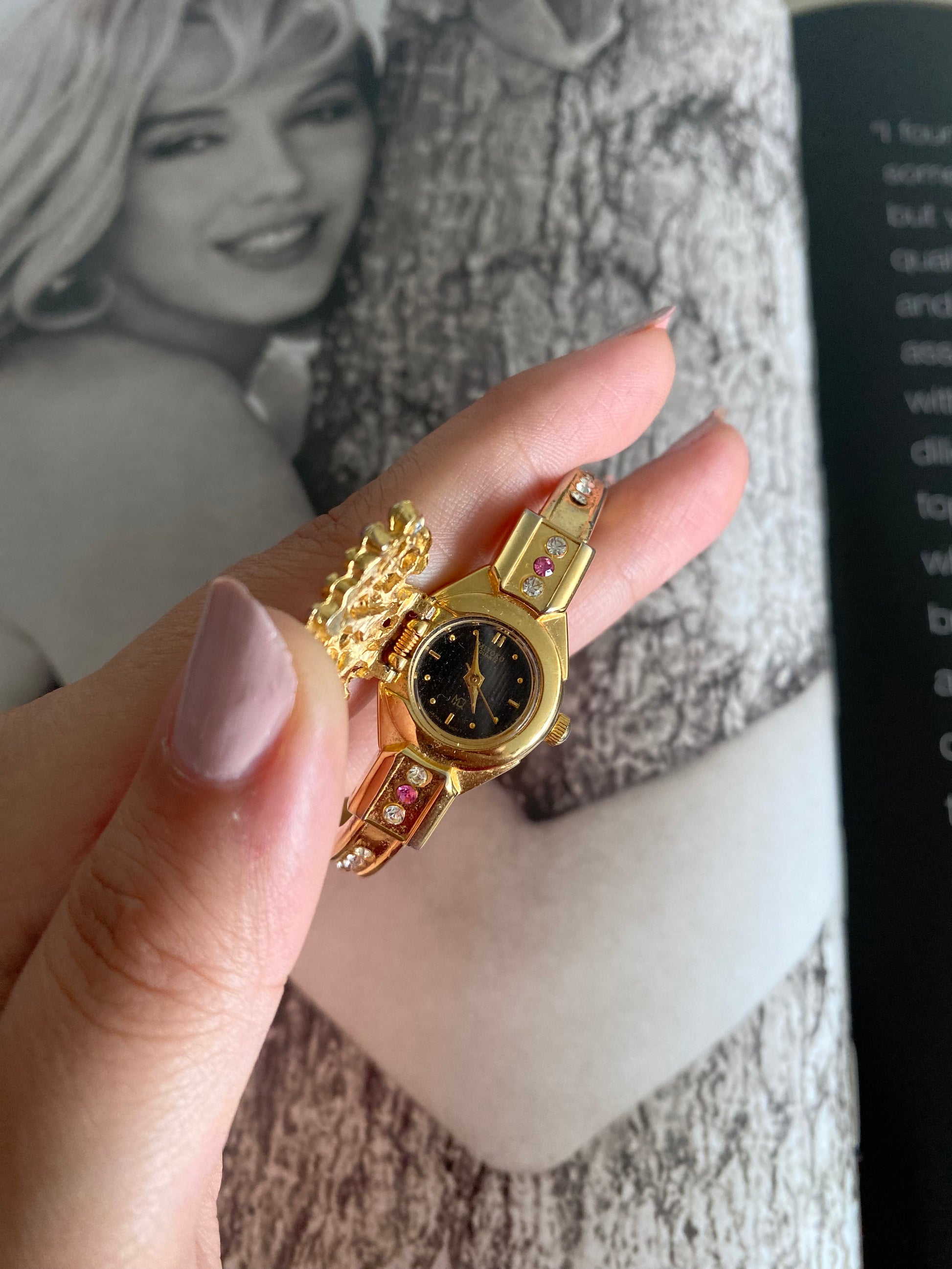 1990s Vintage Gold tone Peek-a-Boo Rhinestone MIYOKO Women's watch