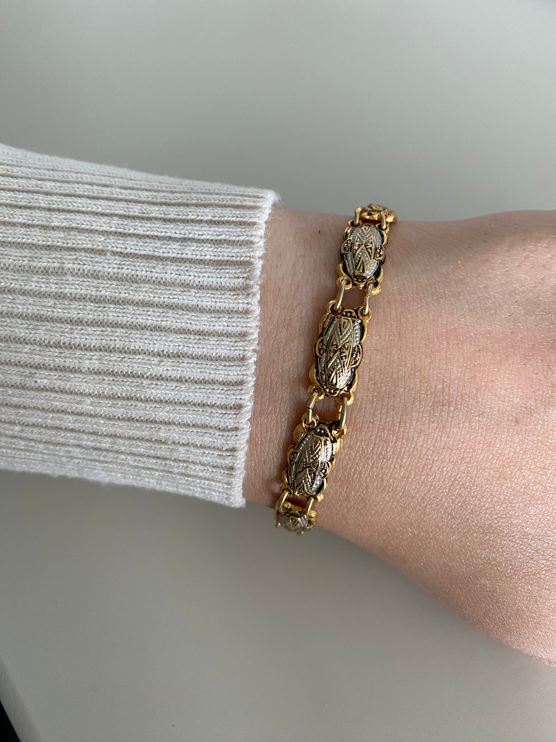 1980s Vintage Spanish Damascene Gold-Plated Bracelet with Silver Enamel Detail
