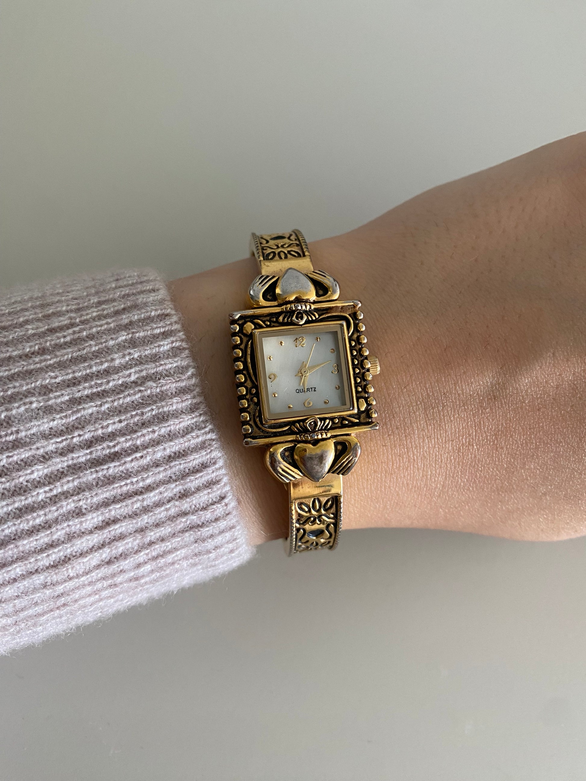 Vintage Gold Tone Claddagh Ladies cuff bracelet Watch